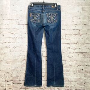 PAIGE Blue Boot Cut Jeans with Embroidered Pockets